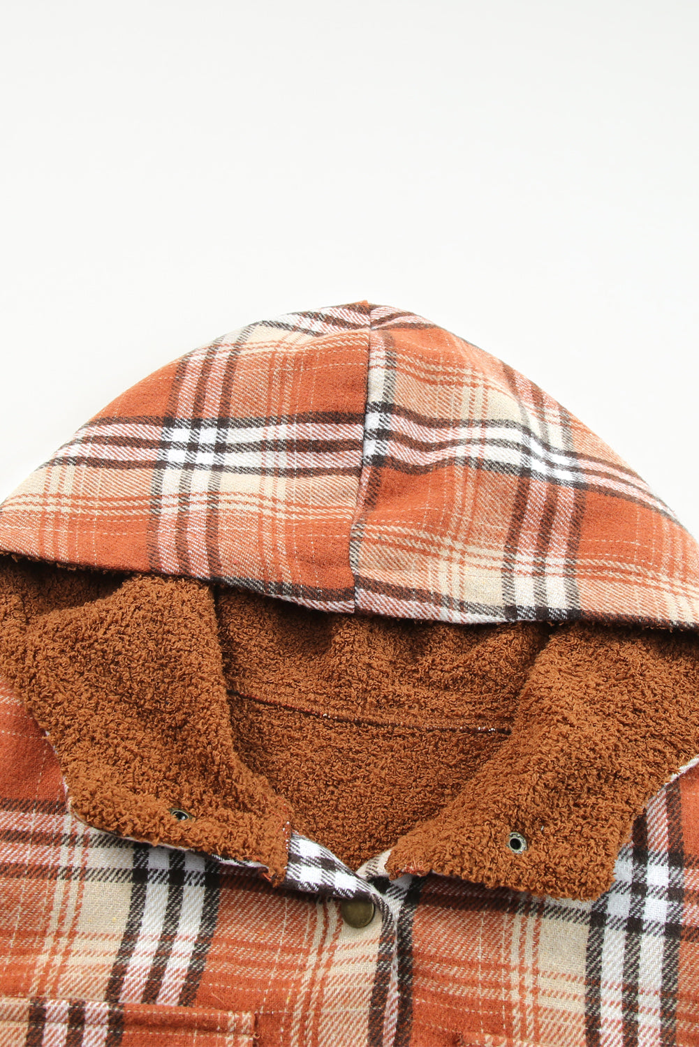 Orange Snap Button Sherpa Lined Hooded Flannel Jacket