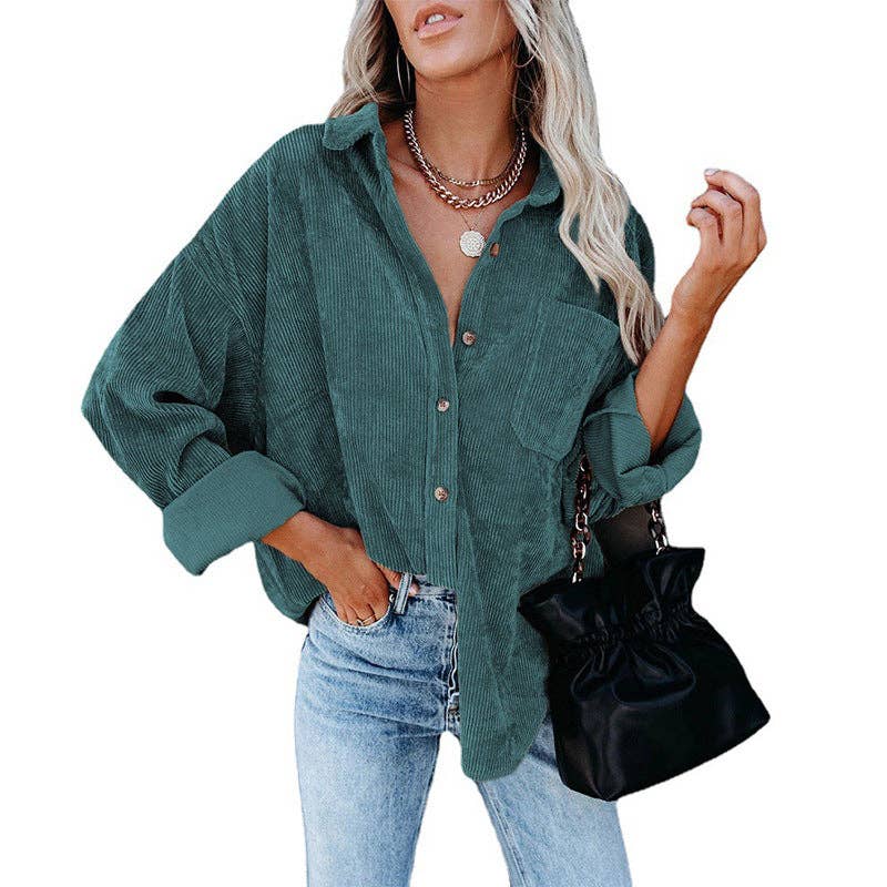 Oversized Corduroy Button-Up Shirt with Chest Pocket