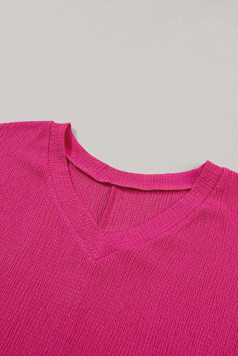 Bright Pink Basic Plain Textured V Neck Blouse