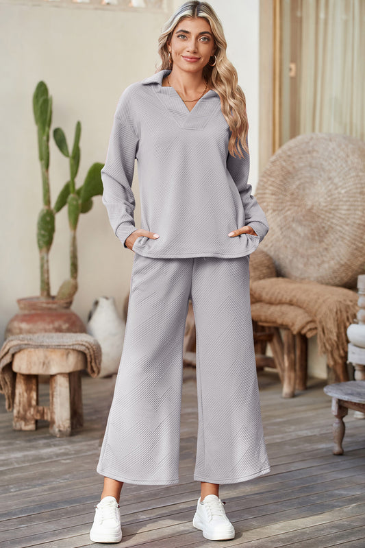 Light Grey Solid Textured Collared V Neck Top and Wide Leg Pants Set