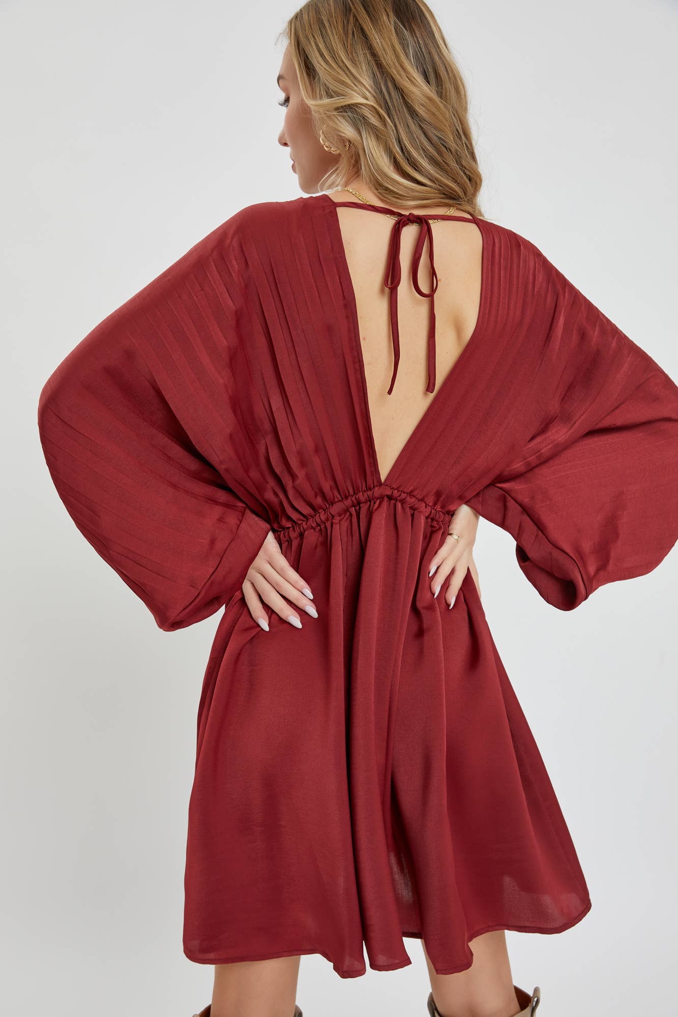 SATIN V NECK PLEATED DRESS