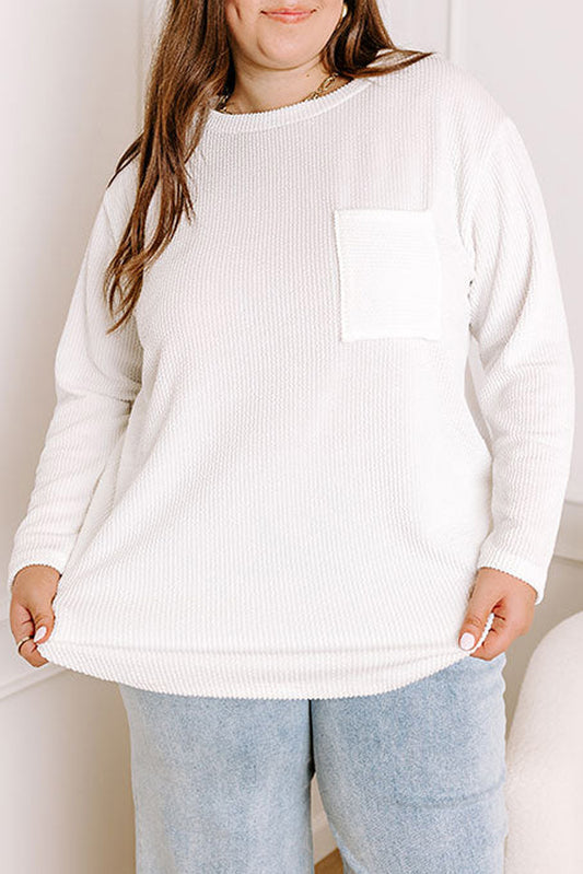 White Plus Size Ribbed Textured Pocketed Long Sleeve Top