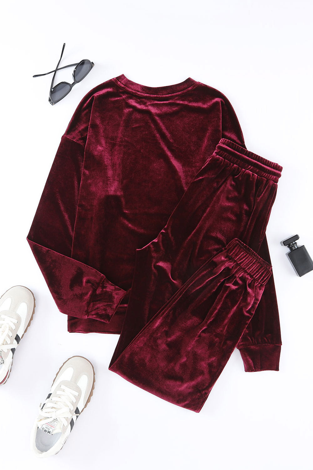 Red Solid Velvet Round Neck Top & Drawstring Pants Longe Set