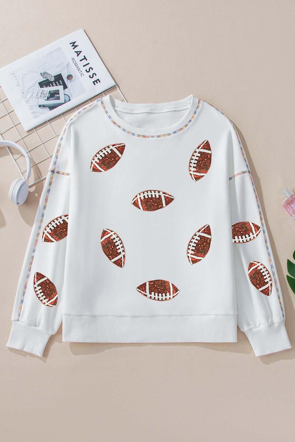 White Sequin Rugby Football Pattern Exposed Seam Sweatshirt