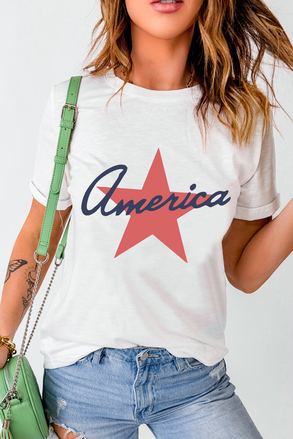 White America Star Shape Graphic O Neck Loose Fit T Shirt