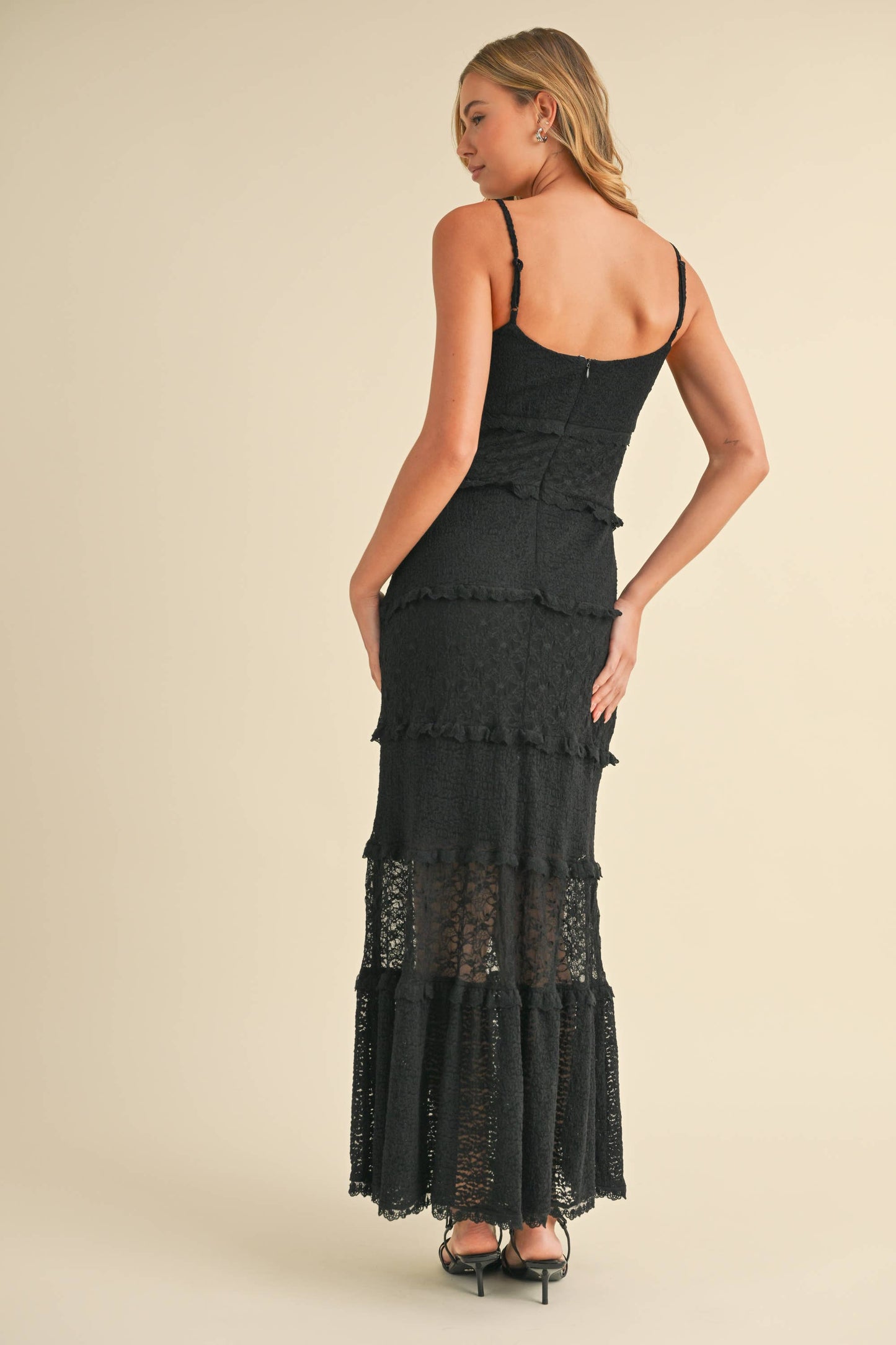 ID8566  TIERED RUFFLED LACE MAXI DRESS WITH PARTIAL LINING