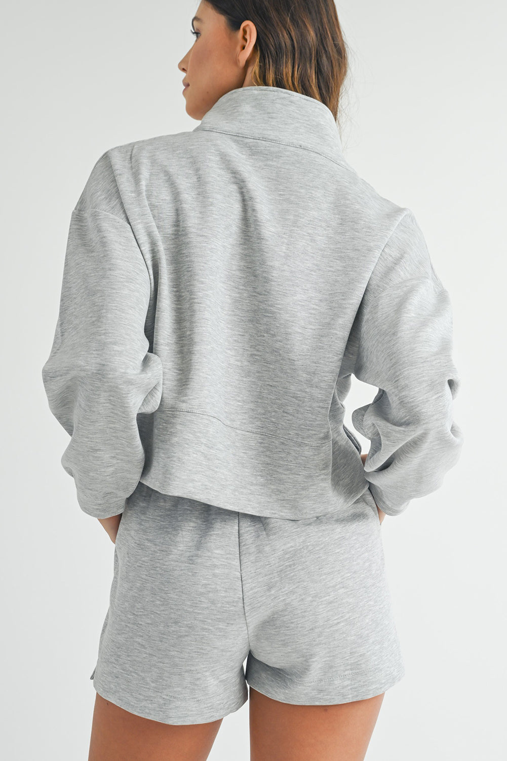 Light Grey Plain Quarter-Zip Pullover Top and Shorts Set