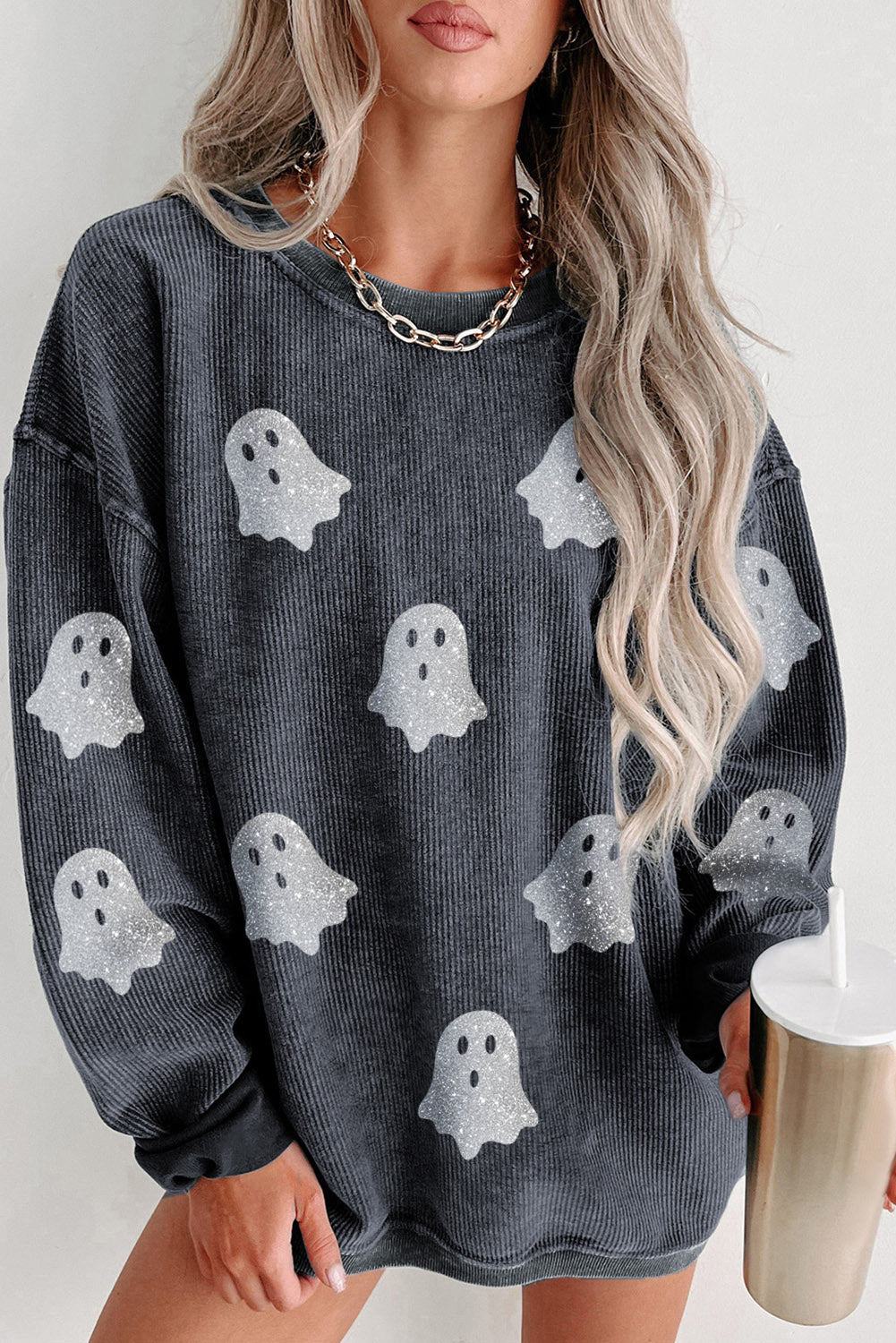 Black Halloween Ghost Corded Crew Neck Loose Sweatshirt