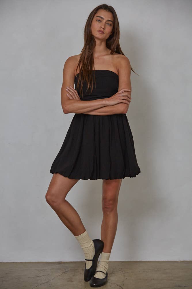 Woven Cotton Nylon Strapless Bubble Mini Dress