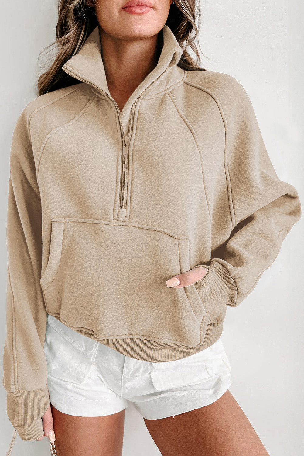 Brown Zip Up Stand Collar Thumbhole Sleeve Sweatshirt