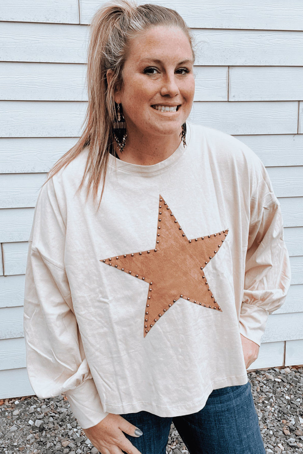 Beige Star Pattern Studded Crew Neck Plus Size Top