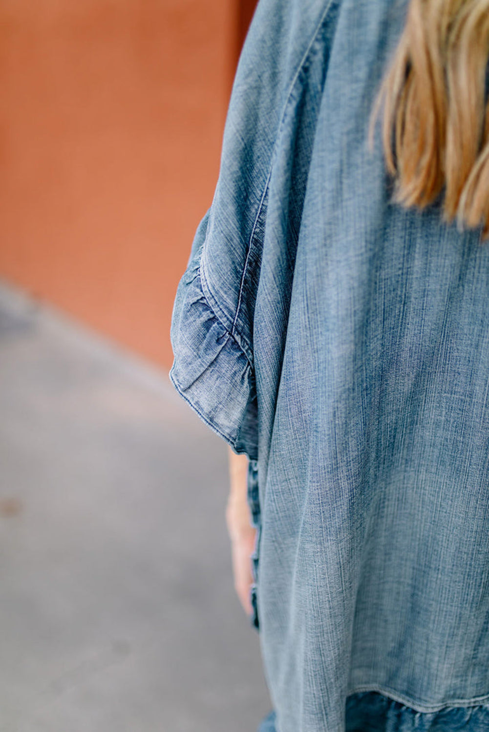 Dusk Blue Half Sleeve Ruffle Edge Chambray Open Kimono