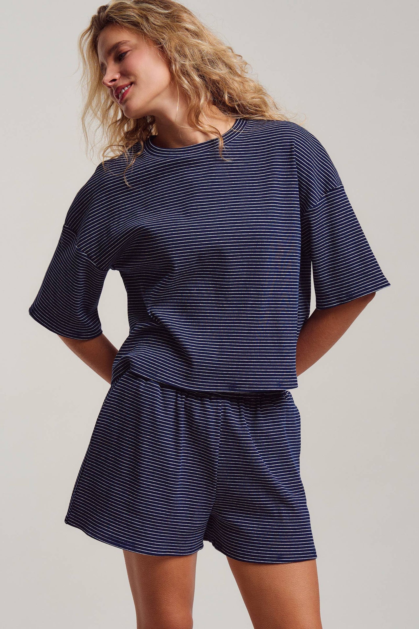 Striped Knit Two-Piece Lounge Set Boxy Tee