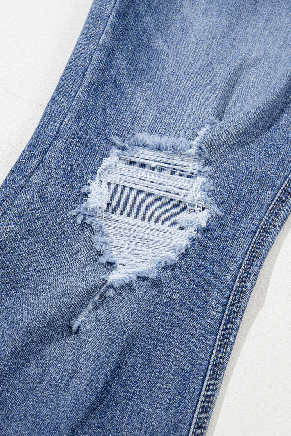 Dusk Blue High Rise Ripped Distressed Hem Flared Jeans