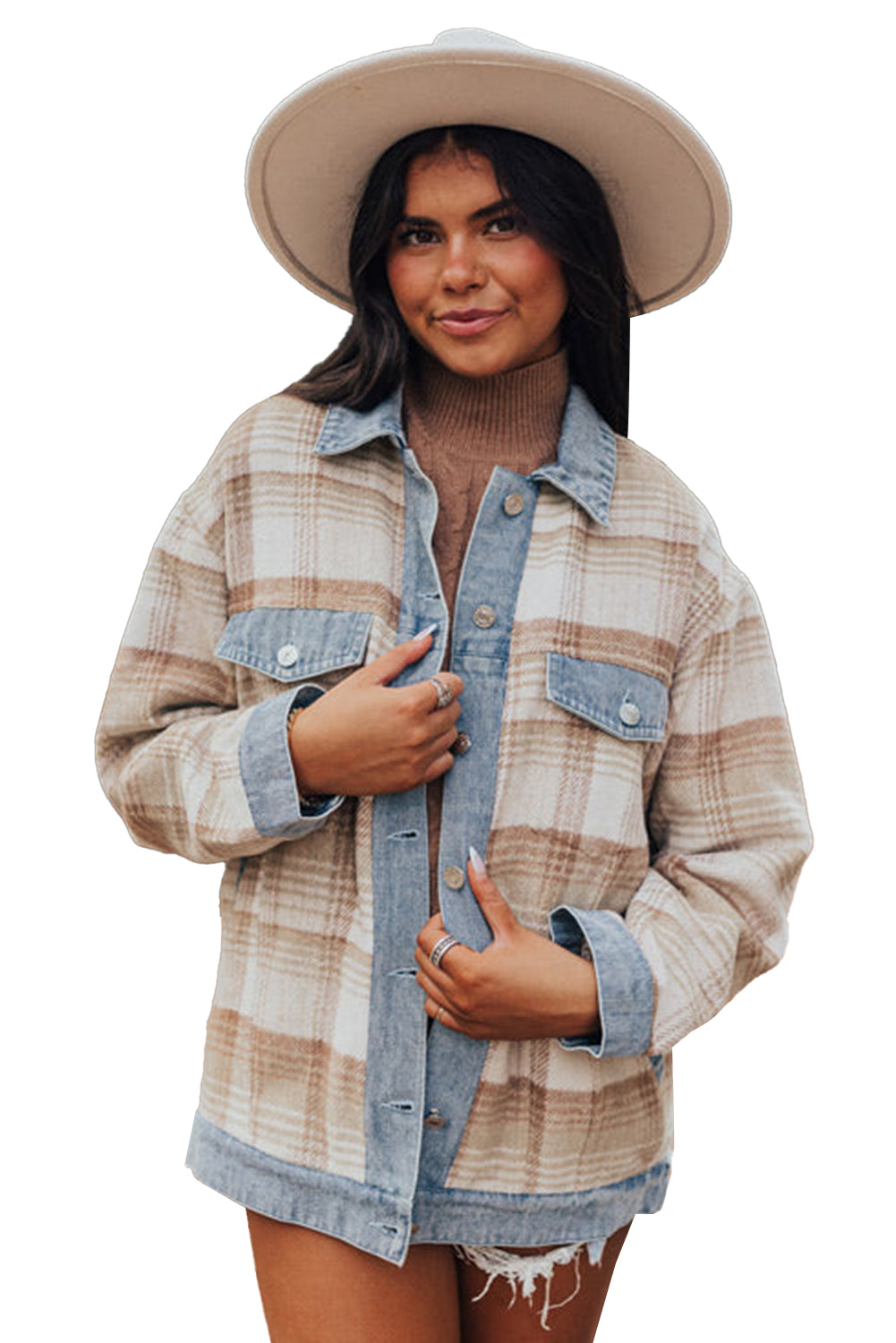 Light Beige Plaid Patchwork Flap Pocket Button Up Shacket