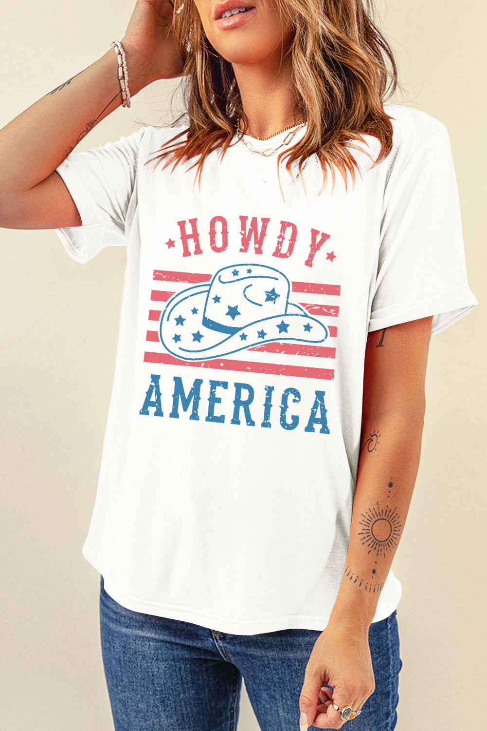 White HOWDY AMERICA Hat Graphic Round Neck T Shirt