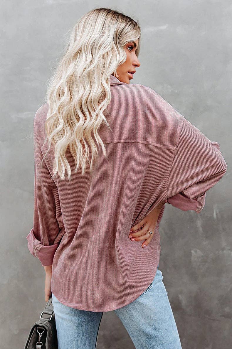 Oversized Corduroy Button-Up Shirt with Chest Pocket
