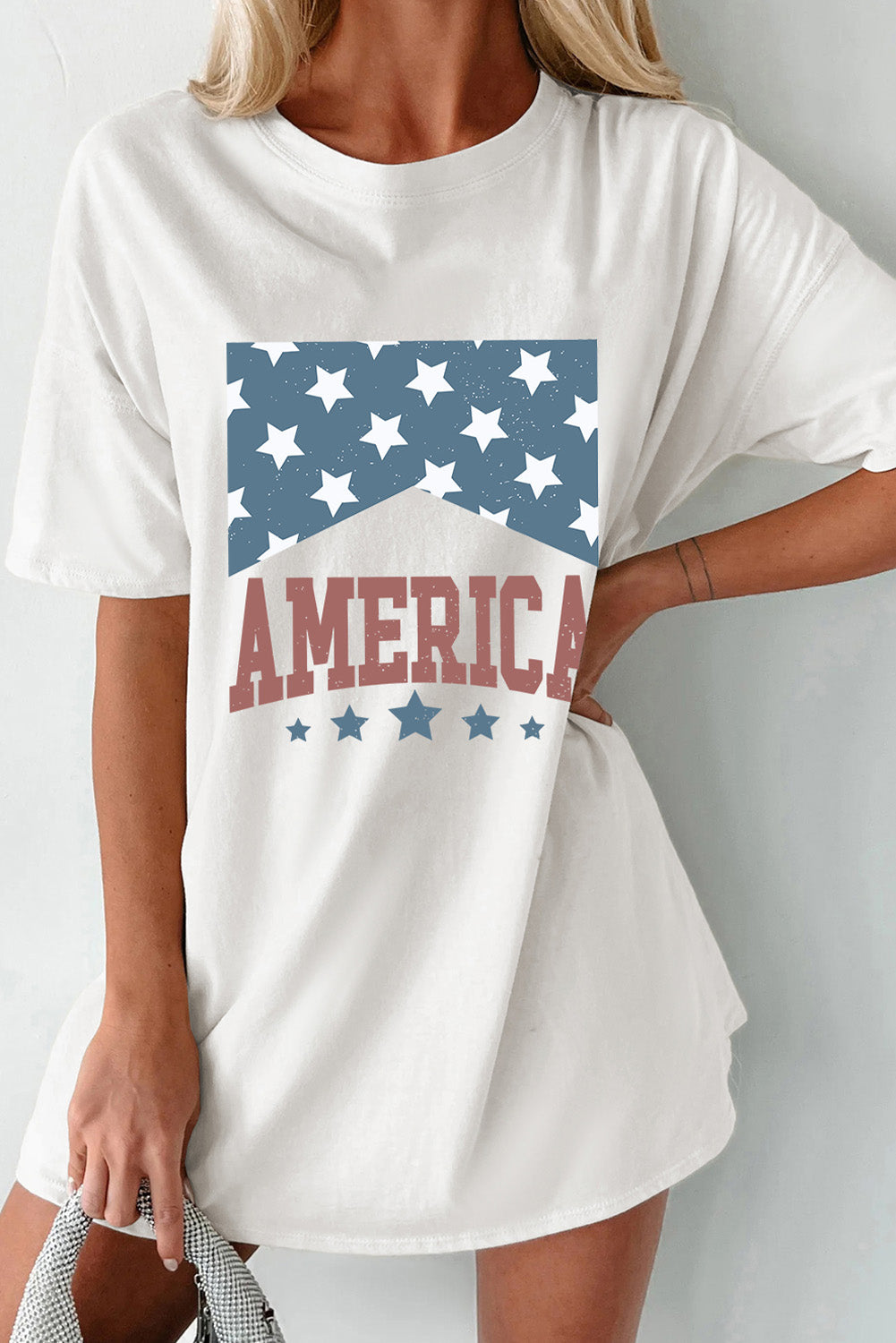 White AMERICA Stars Graphic Round Neck Oversized T Shirt