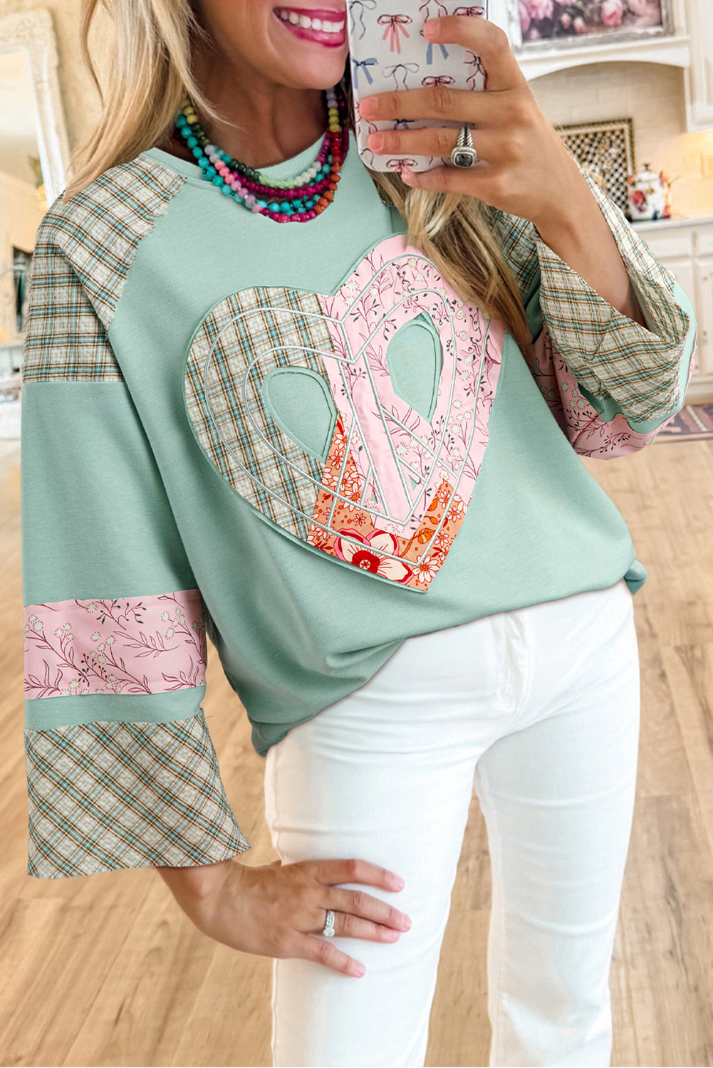 Beige Plaid Floral Patchwork Heart Long Sleeve Top