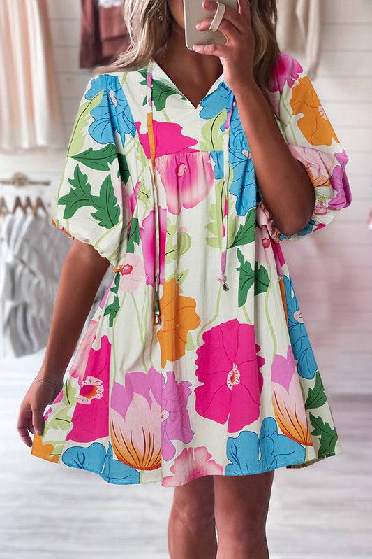 White Puff Sleeve Tied Split Neck Colorful Floral Flowy Dress