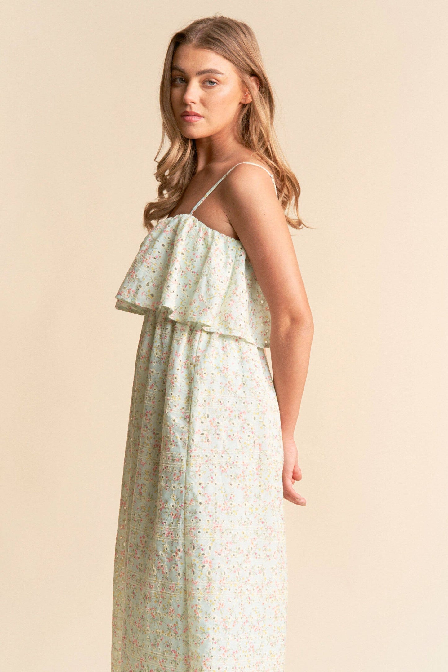 Floral Print Eyelet Tiered Wide Leg Jumpsuit