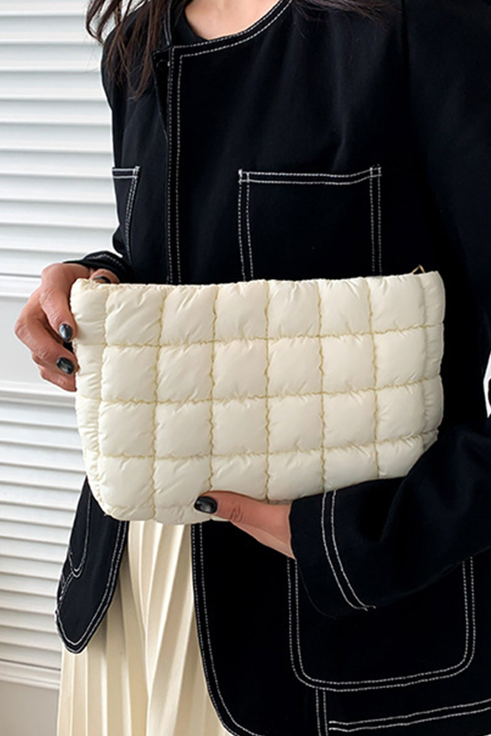 White Zipper Quilted Puffer Cosmetic Bag