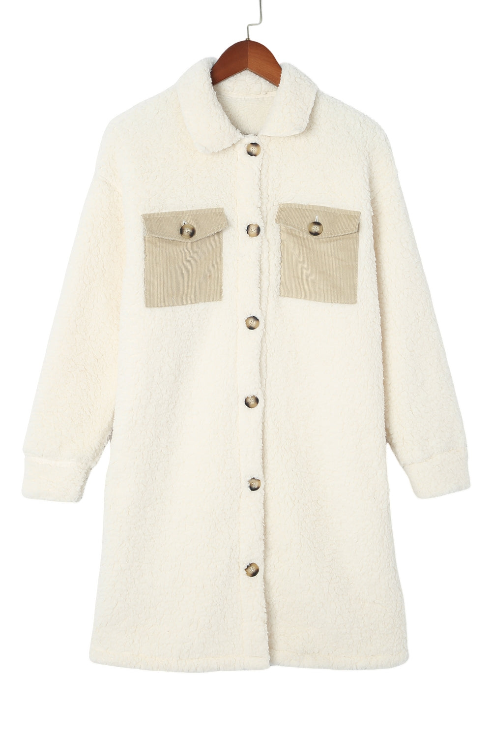 Khaki Contrast Flap Pocket Single Breasted Teddy Coat