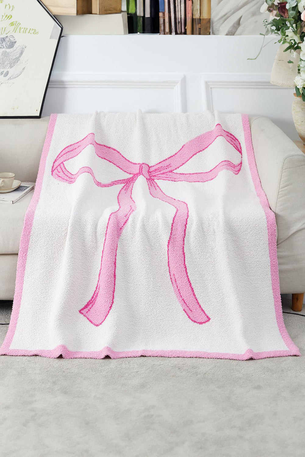 White 127*152cm Bow Printed Cozy Soft Throw Blanket