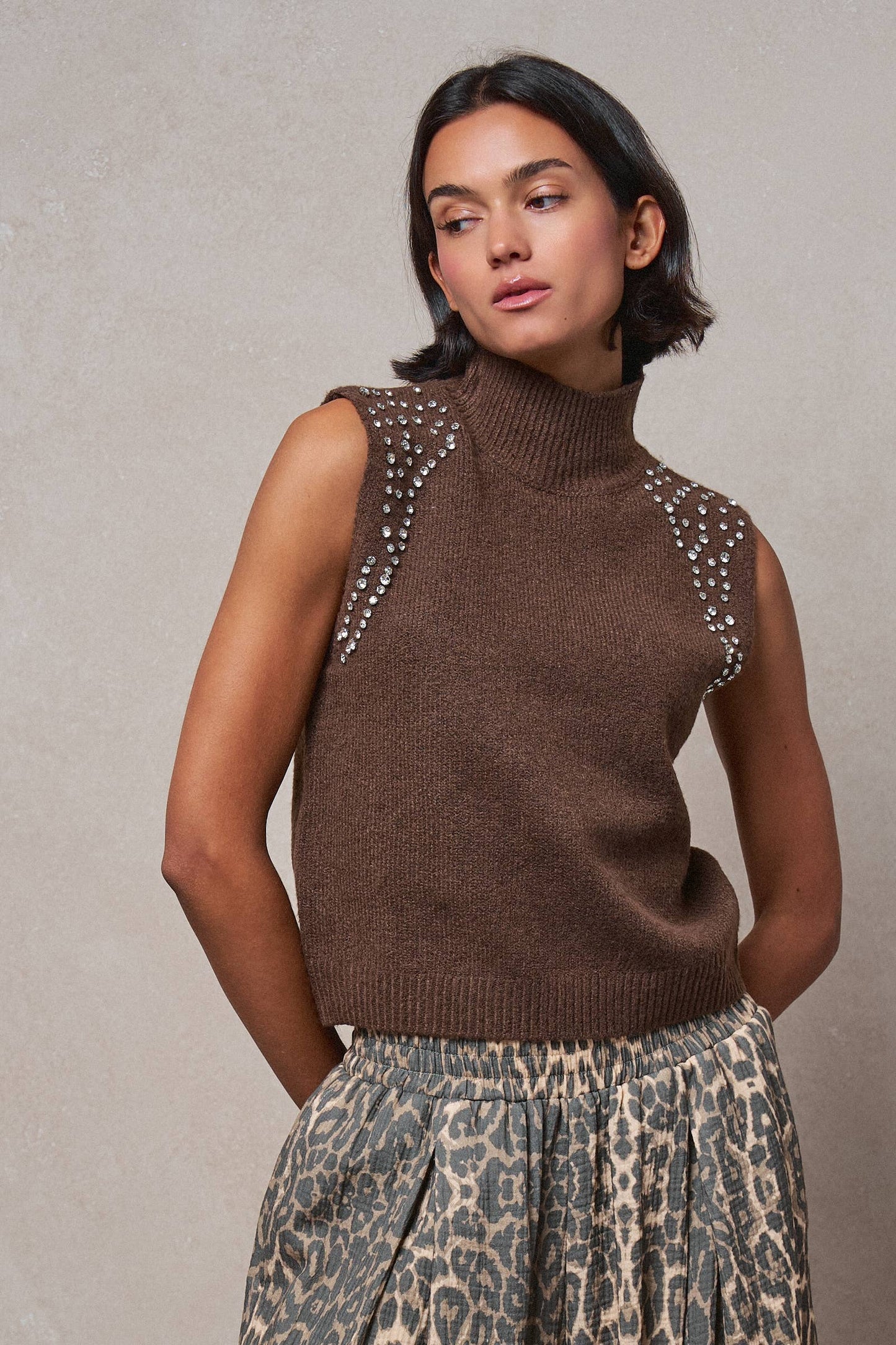 Crystal Embellished Sleeveless Mock Neck Knit Top