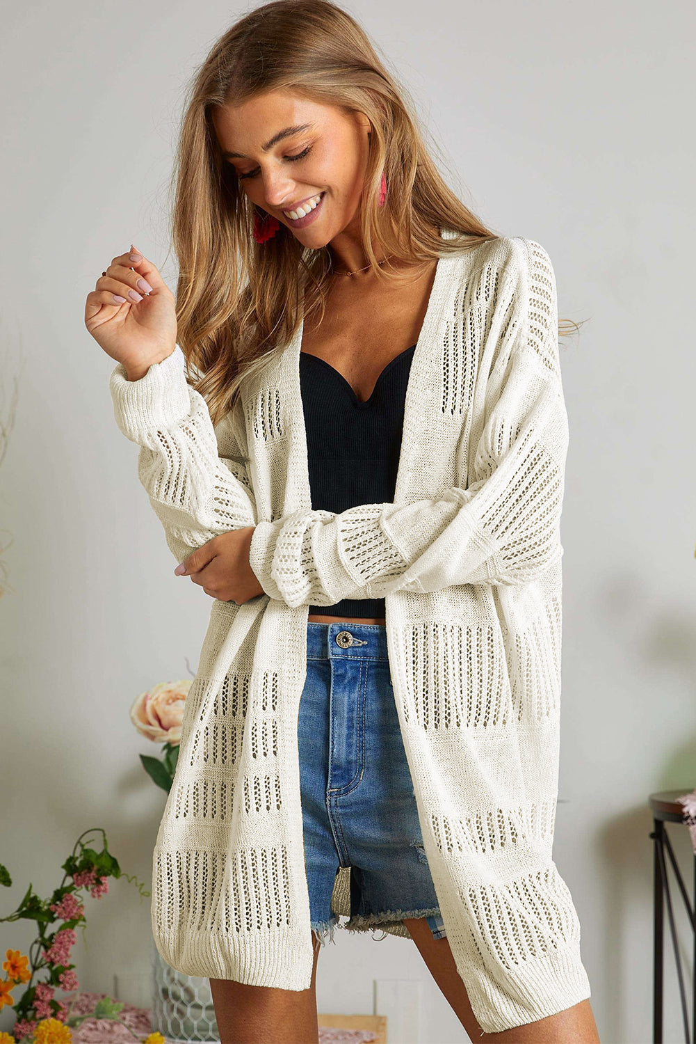 White Solid Color Open Front Knit Tunic Cardigan