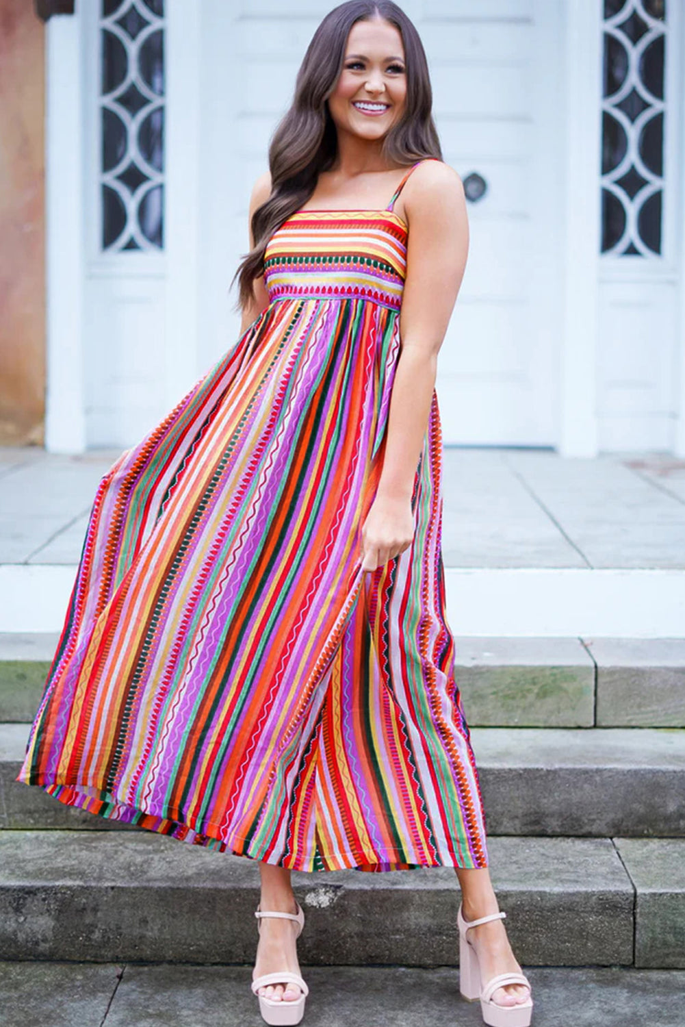 Multicolour Boho Striped Spaghetti Strap Smocked Back Maxi Dress