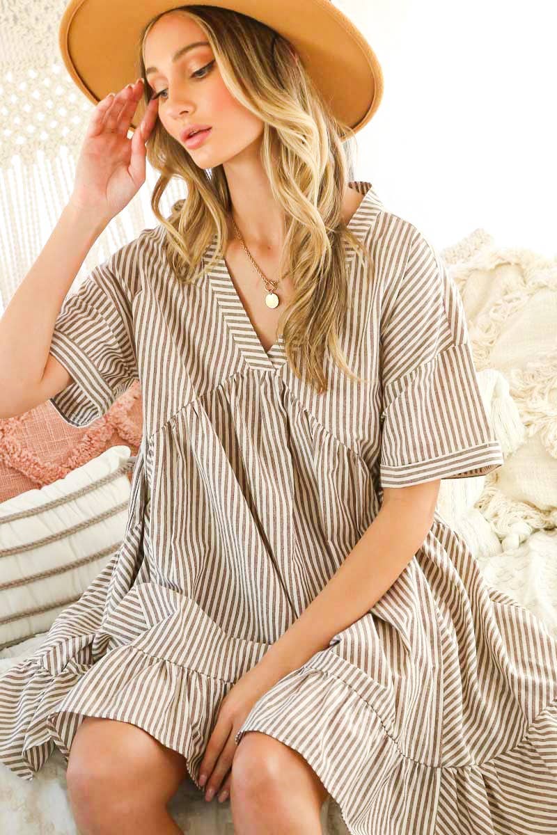 V-Neck Striped 100% Cotton Tiered Woven Dress