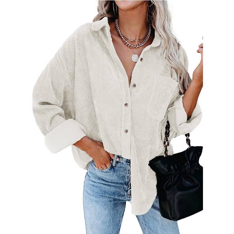 Oversized Corduroy Button-Up Shirt with Chest Pocket