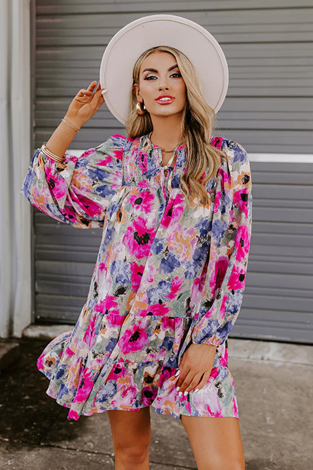 Multicolor Boho Floral Print Tie Neck Smocked Dress