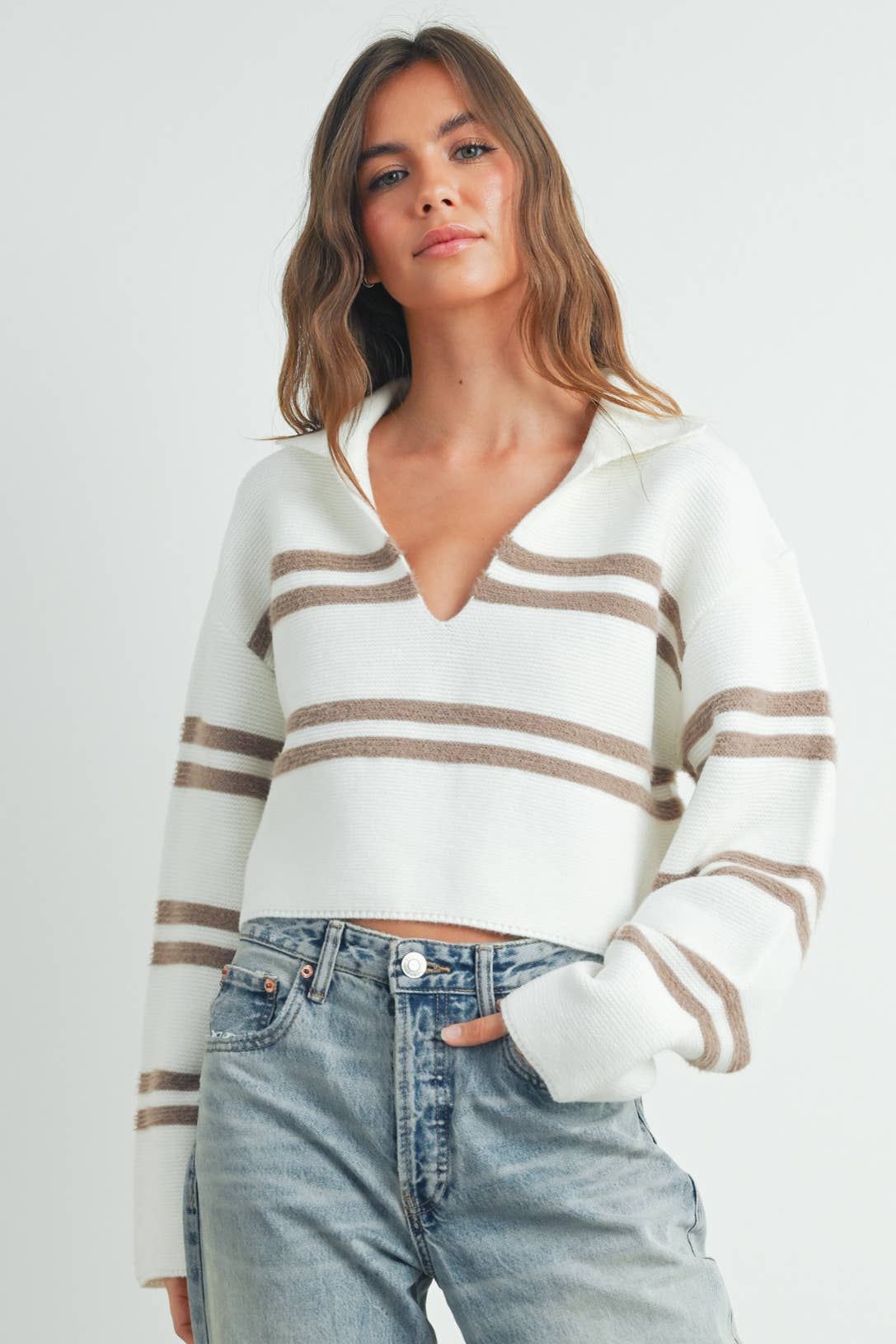 STRIPE CROP COLLAR SWEATER TOP - BMW7393
