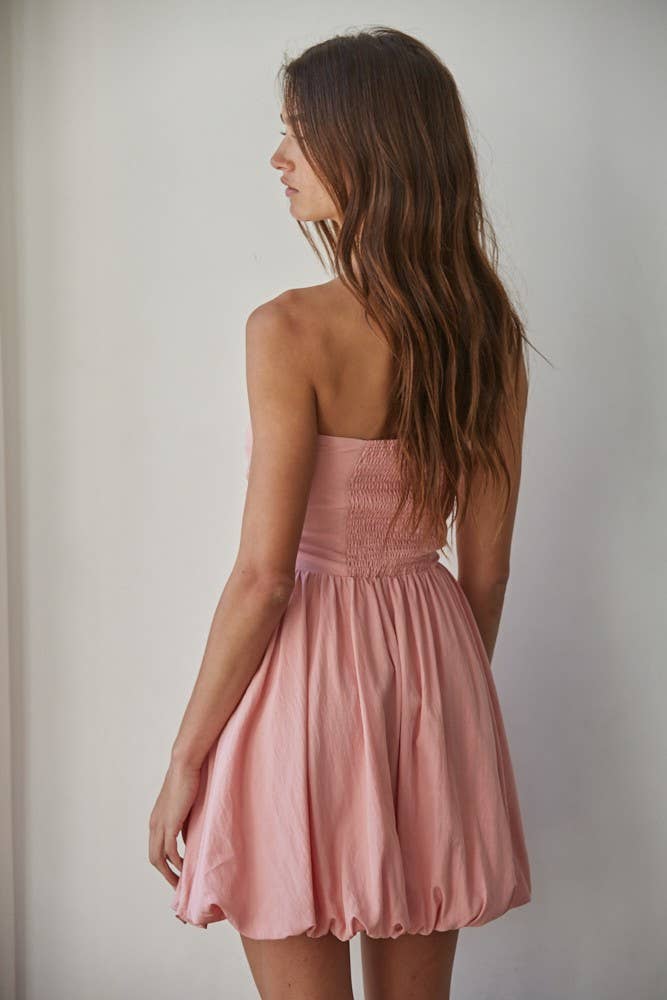Woven Cotton Nylon Strapless Bubble Mini Dress