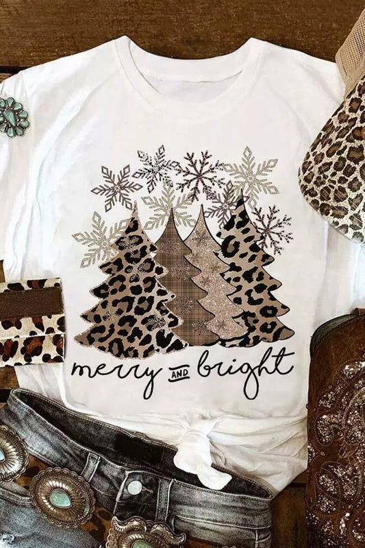 White Leopard Christmas Tree Casual Crew Neck Graphic Tee