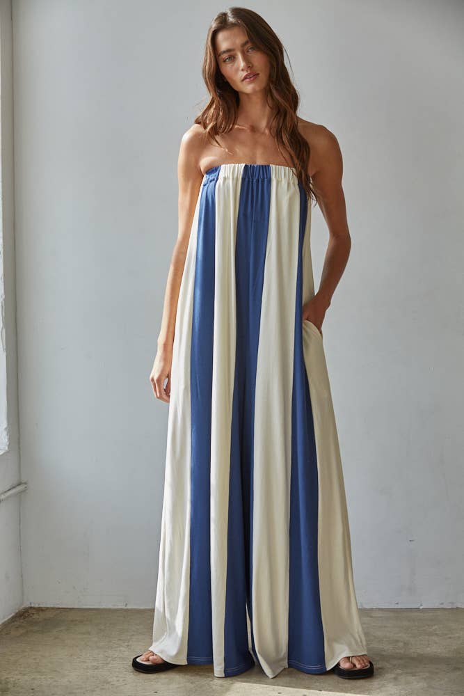 Knit Viscose Spandex Striped Tube Wide Leg Jumpsuit