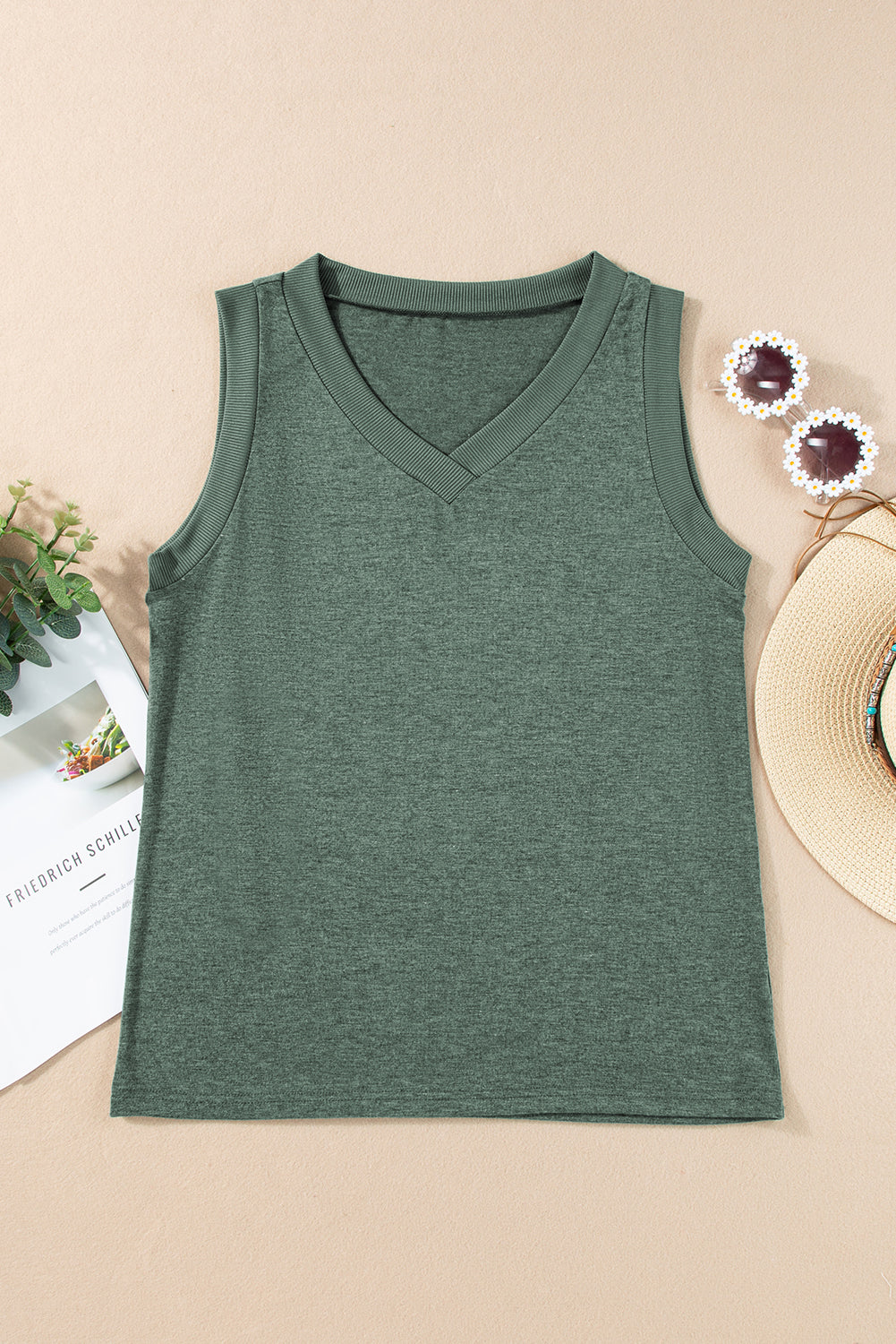 Gray Contrast Trim V-Neck Loose Fit Tank Top