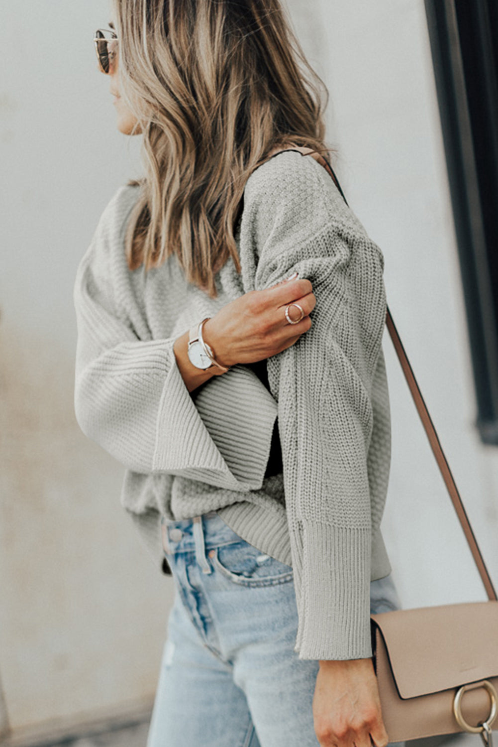 Gray Textured Knit Split Cuff Drop Shoulder Loose Sweater