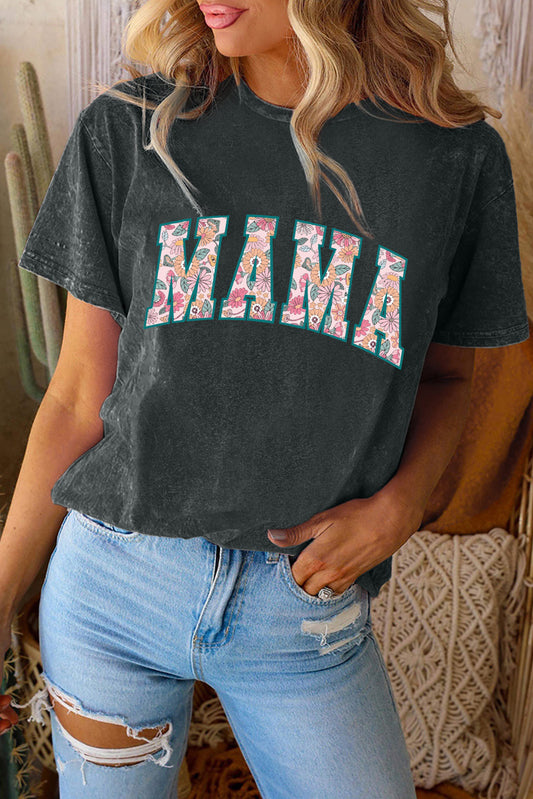 Black Vintage Wash Floral MAMA Graphic Tee