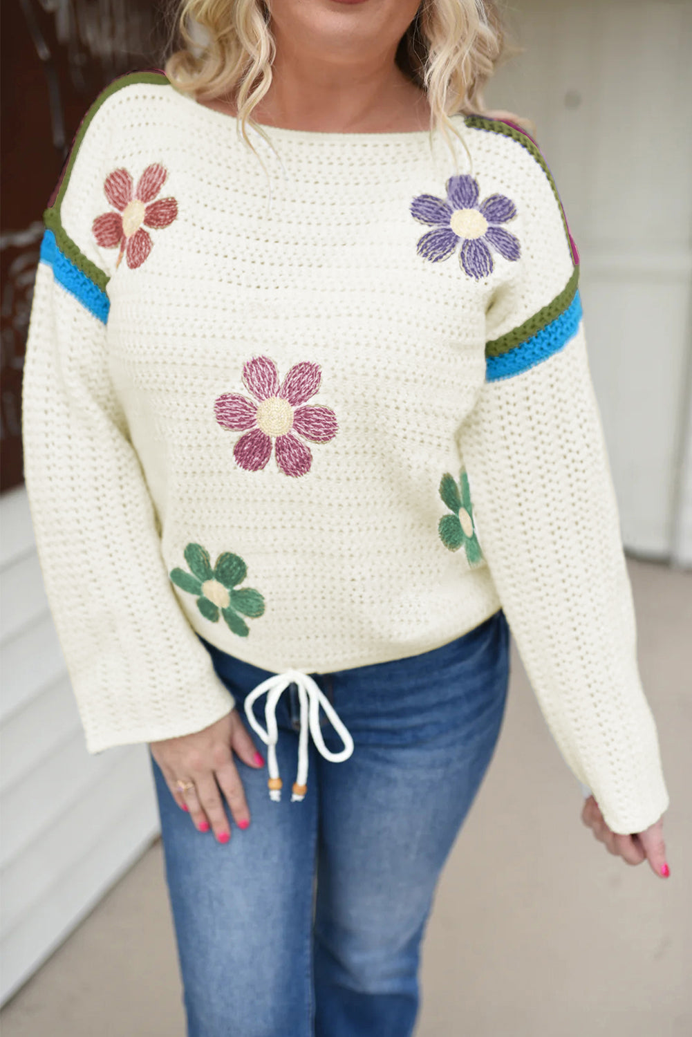 White Striped Shoulder 60s Floral Pointelle Knit Sweater