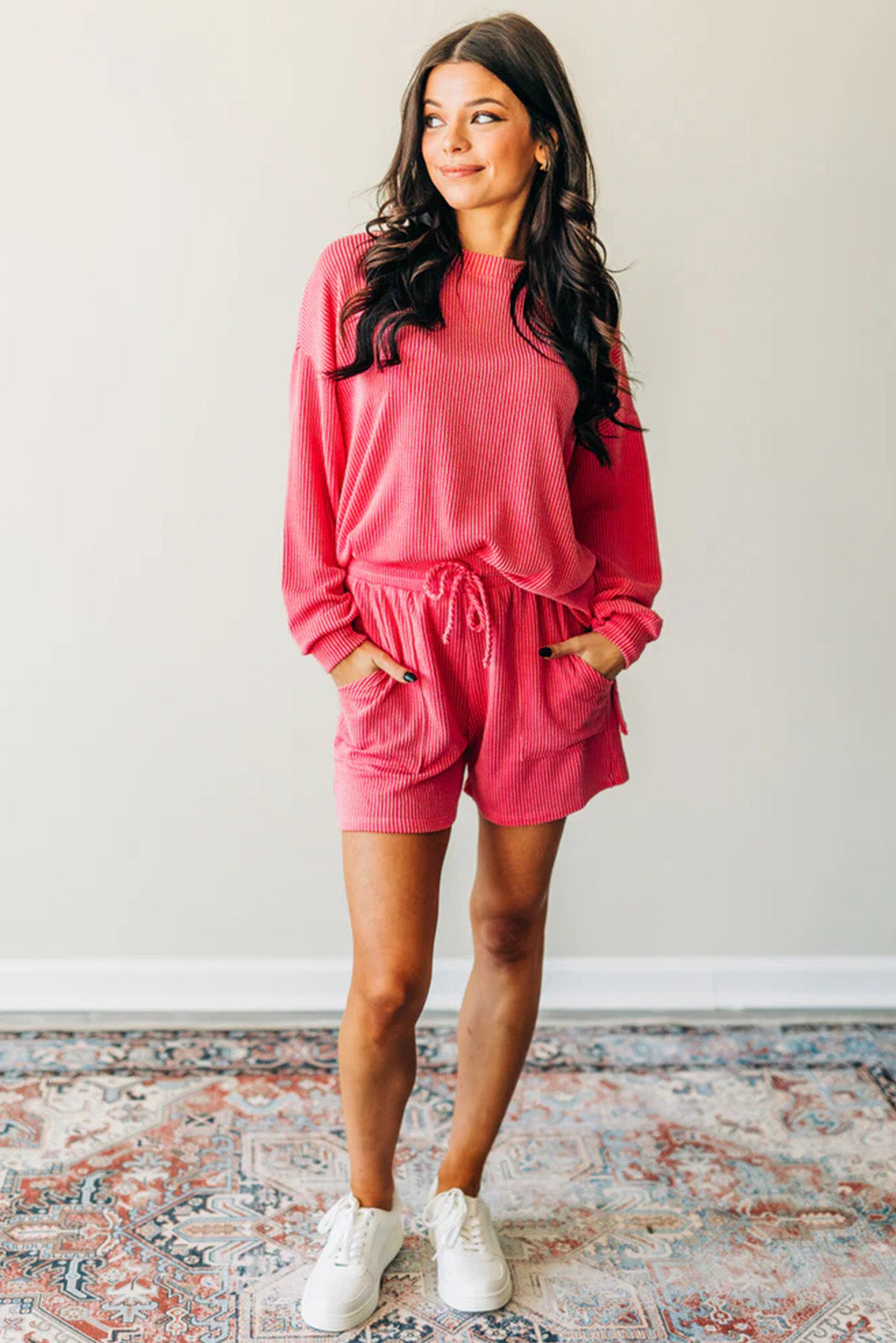 Strawberry Pink Ribbed Plain Drawstring Shorts Set