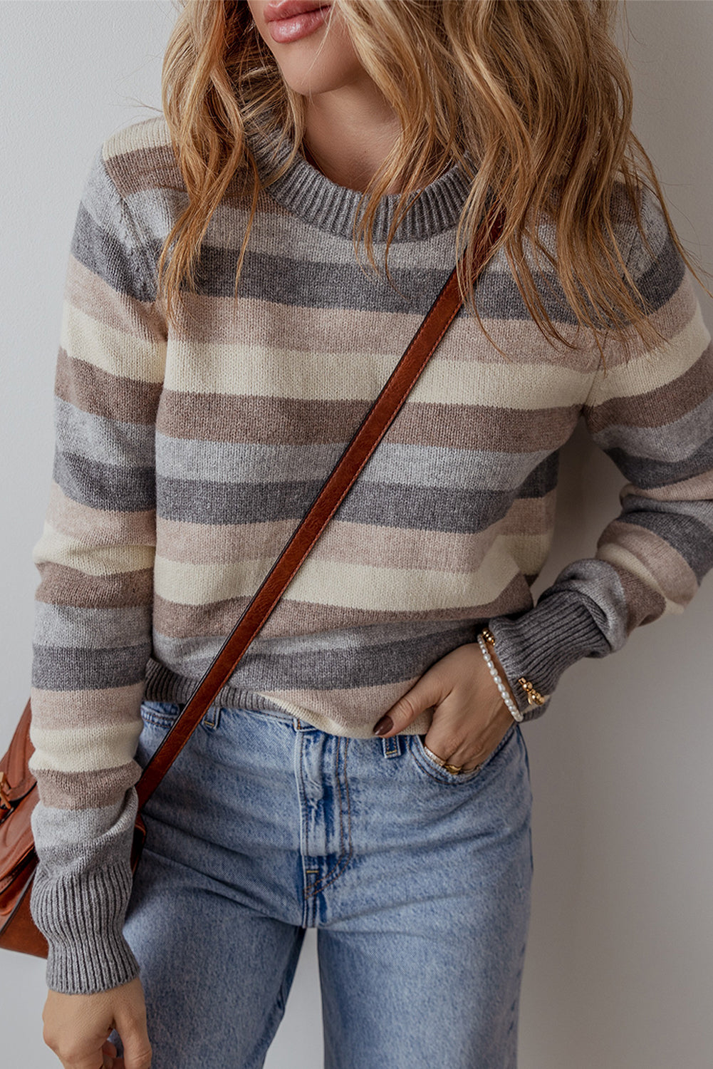 Gray Striped Ribbed Edge Round Neck Sweater