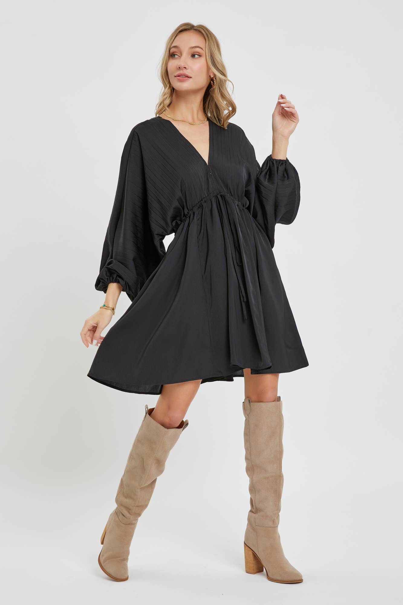 SATIN V NECK PLEATED DRESS