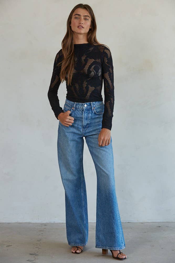 S1228 | Knit Seamless Jacquard Mock Neck Long Sleeve Top