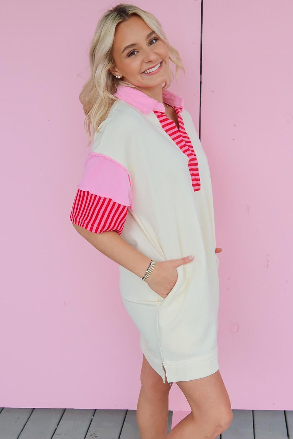 White Stripe Colorblock Sleeve Collared Mini Dress