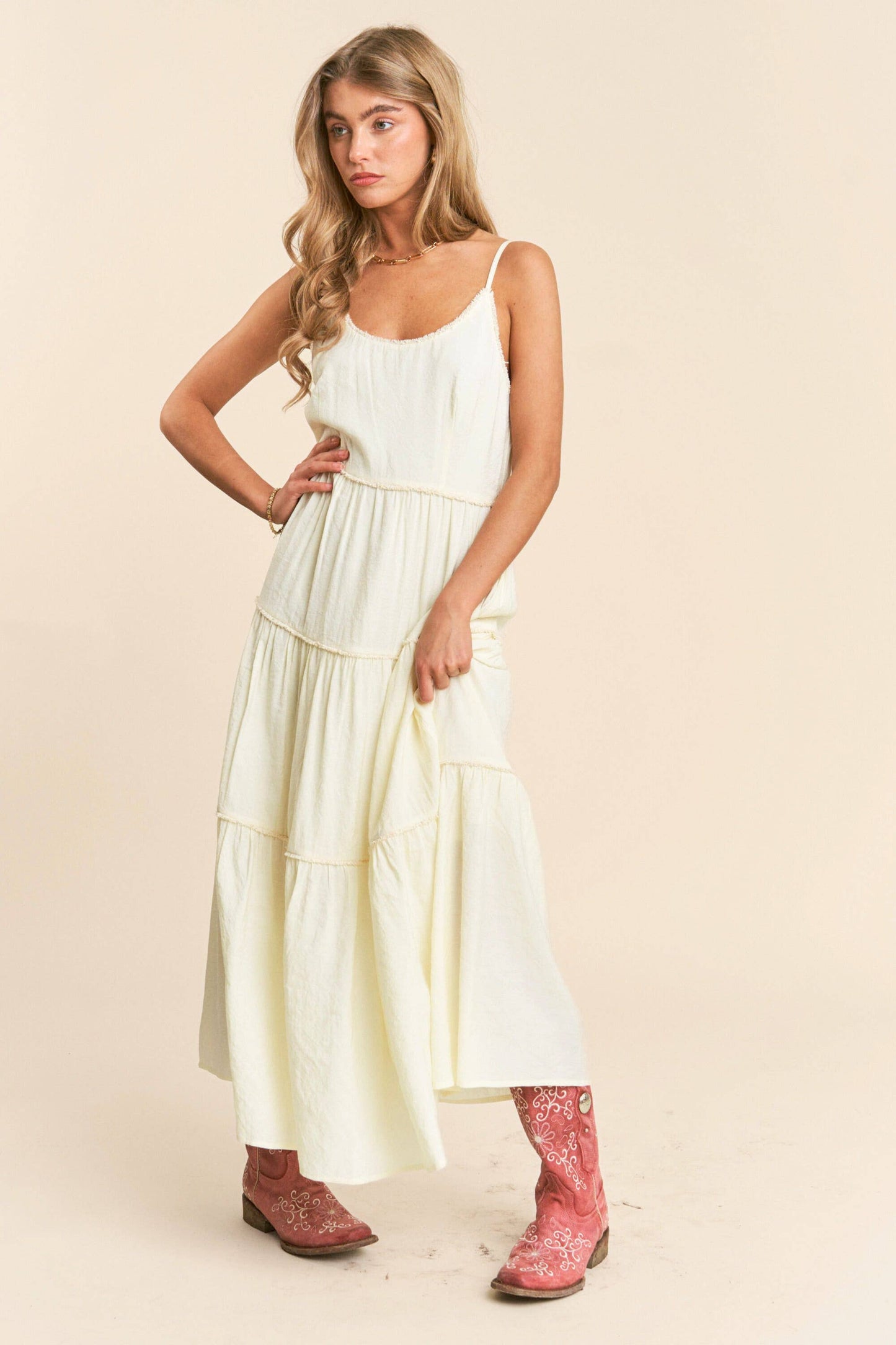 U Neck Line Tiered Spaghetti Maxi Dress