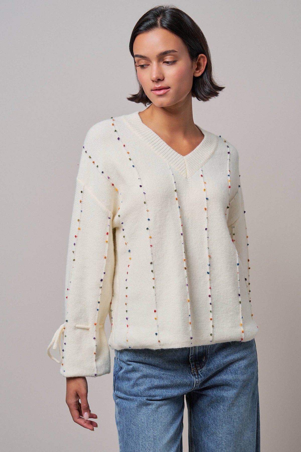 Multicolor Dot Stitch V-Neck Tie Sleeve Sweater