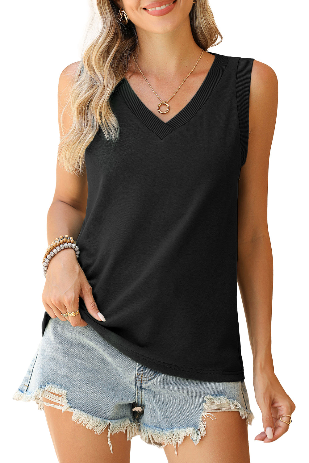 Gray Contrast Trim V-Neck Loose Fit Tank Top